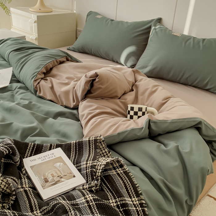 91家纺网 家纺一手货源 找家纺 蓝淋 2024新春款日式简约婴儿可以啃咬的超柔混搭水洗棉四件套 浅绿+卡其