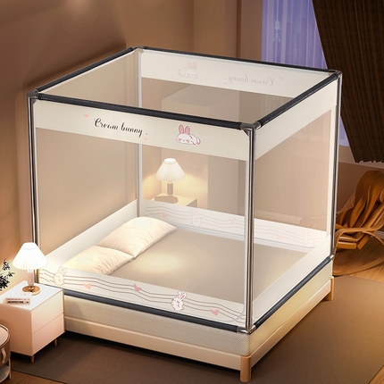 91家纺网 家纺一手货源 找家纺 梦之宝 2024新款坐床蚊帐卡通大版床笠三开门防摔儿童高级免安装加密抗菌卧室家用加粗支架乖乖兔