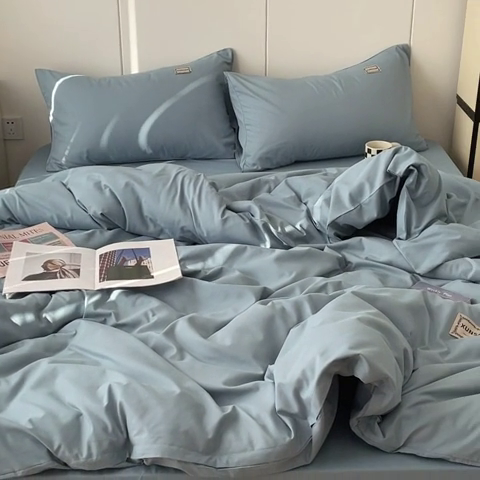 91家纺网 家纺一手货源 找家纺 蓝淋 2024新春款日式简约婴儿可以啃咬的超柔混搭水洗棉四件套 墨蓝