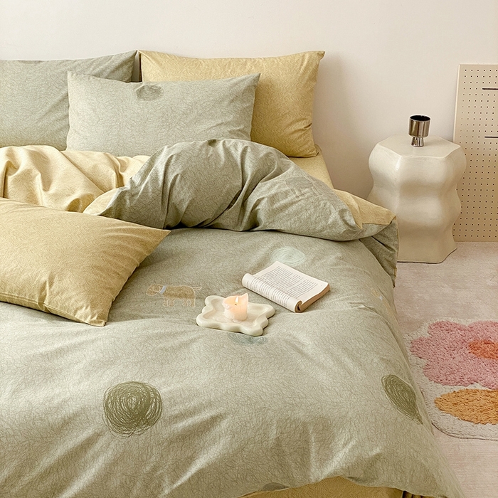 91家纺网 家纺一手货源 找家纺 宜家坊 2024新款全棉喷气13070小清新印花四件套-拍摄一 线条小狗