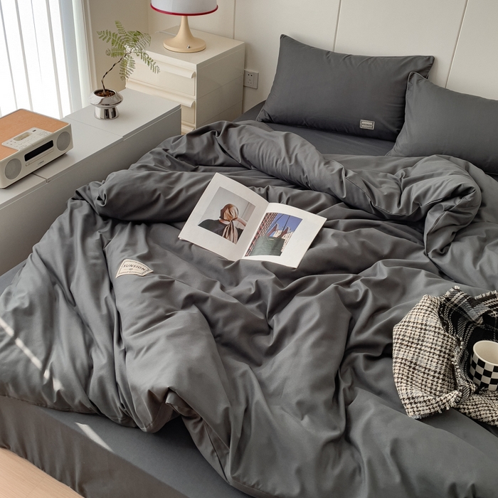 91家纺网 家纺一手货源 找家纺 蓝淋 2024新春款日式简约婴儿可以啃咬的超柔混搭水洗棉四件套 深灰