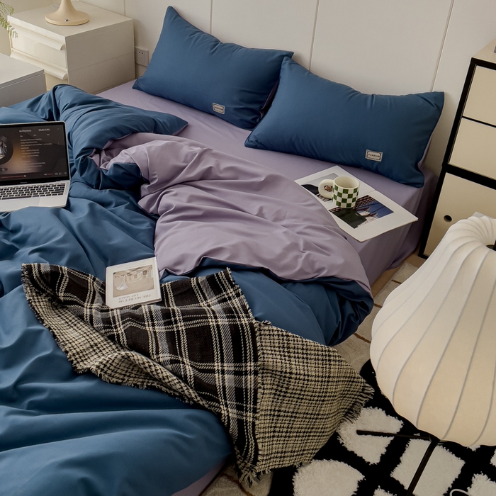 91家纺网 家纺一手货源 找家纺 蓝淋 2024新春款日式简约婴儿可以啃咬的超柔混搭水洗棉四件套 蓝灰+浅紫