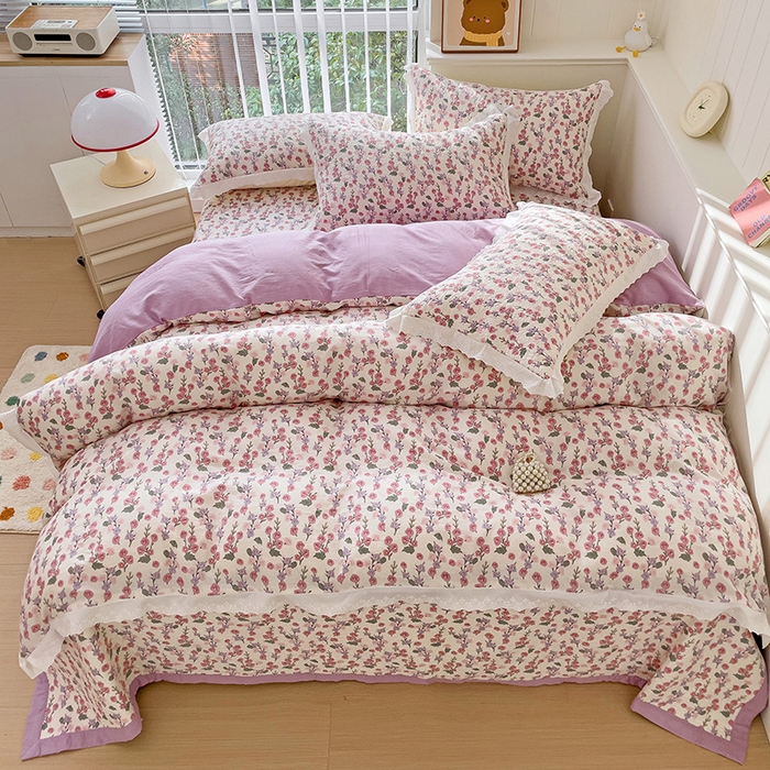 91家纺网 家纺一手货源 找家纺 羽爱家纺 2024新款A类双层纱棉花芯床盖套件 繁花