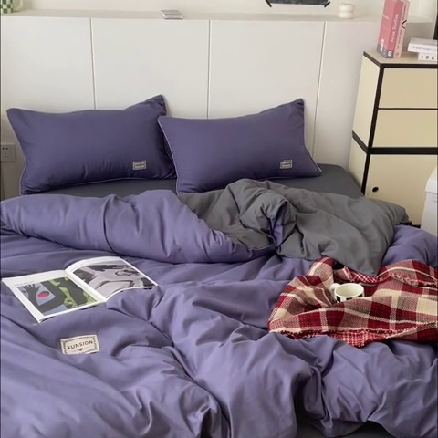 91家纺网 家纺一手货源 找家纺 蓝淋 2024新春款日式简约婴儿可以啃咬的超柔混搭水洗棉四件套 深色青+深灰