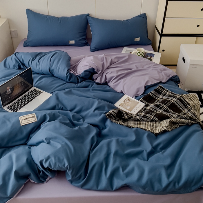 91家纺网 家纺一手货源 找家纺 蓝淋 2024新春款日式简约婴儿可以啃咬的超柔混搭水洗棉四件套 蓝灰+浅紫