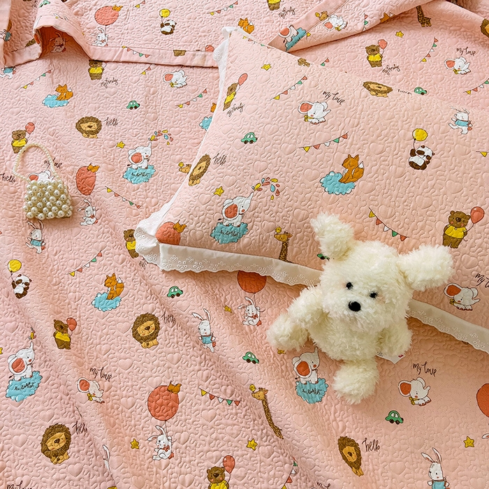 91家纺网 家纺一手货源 找家纺 羽爱家纺 2024新款A类双层纱棉花芯床盖套件 动物园