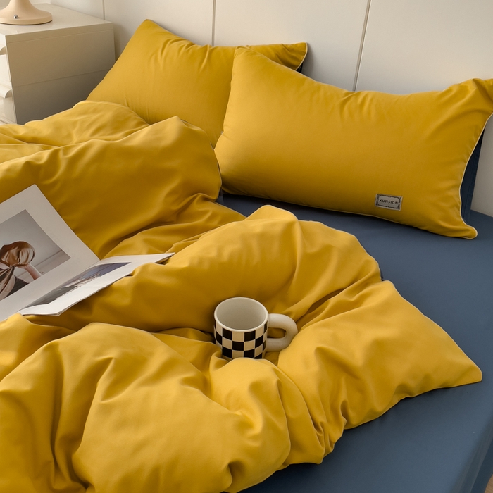 91家纺网 家纺一手货源 找家纺 蓝淋 2024新春款日式简约婴儿可以啃咬的超柔混搭水洗棉四件套 姜黄+蓝灰