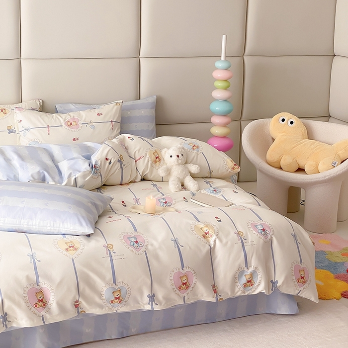 91家纺网 家纺一手货源 找家纺 宜家坊 2024新款全棉喷气13070小清新印花四件套-拍摄一 熊美眉