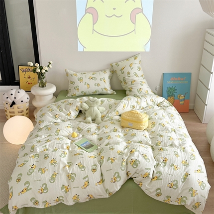 时年 2024新款全棉双层纱四件套-宝可梦系列 皮卡丘绿果