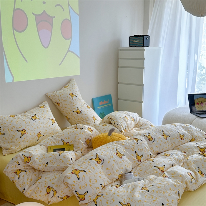 91家纺网 家纺一手货源 找家纺 时年 2024新款全棉双层纱四件套-宝可梦系列 皮卡丘精灵