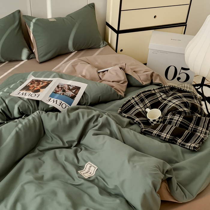 91家纺网 家纺一手货源 找家纺 蓝淋 2024新春款日式简约婴儿可以啃咬的超柔混搭水洗棉四件套 浅绿+卡其