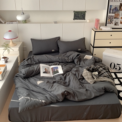 蓝淋 2024新春款日式简约婴儿可以啃咬的超柔混搭水洗棉四件套 深灰