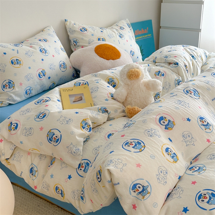 91家纺网 家纺一手货源 找家纺 时年 2024新款全棉双层纱四件套-宝可梦系列 可爱波加曼