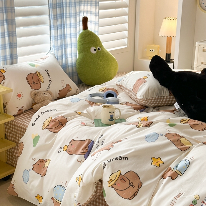 91家纺网 家纺一手货源 找家纺 昔可家纺 2024新款全棉卡通印花系列四件套 卡皮日常