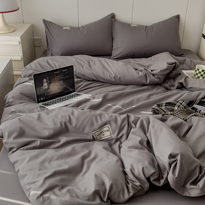 91家纺网 家纺一手货源 找家纺 蓝淋 2024新春款日式简约婴儿可以啃咬的超柔混搭水洗棉四件套 浅灰