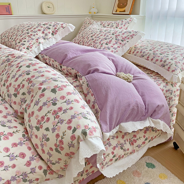 91家纺网 家纺一手货源 找家纺 羽爱家纺 2024新款A类双层纱棉花芯床盖套件 繁花