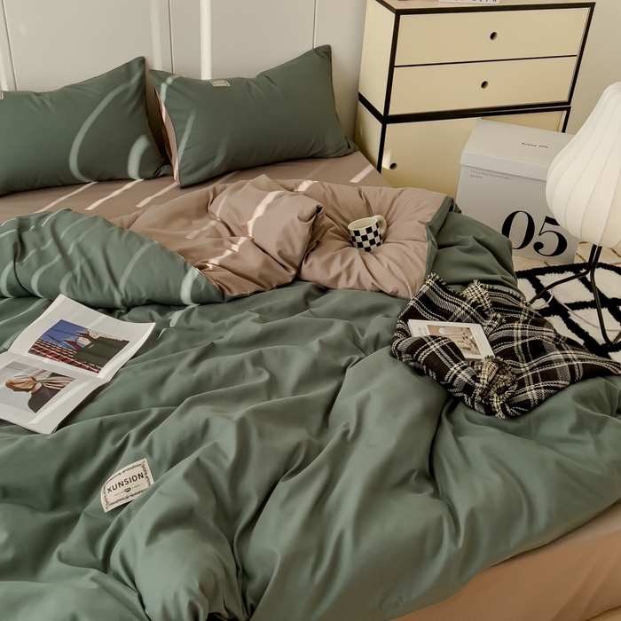 91家纺网 家纺一手货源 找家纺 蓝淋 2024新春款日式简约婴儿可以啃咬的超柔混搭水洗棉四件套 浅绿+卡其