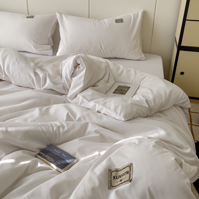 91家纺网 家纺一手货源 找家纺 蓝淋 2024新春款日式简约婴儿可以啃咬的超柔混搭水洗棉四件套 米白