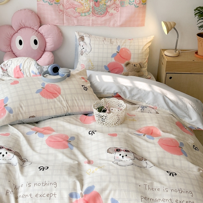 91家纺网 家纺一手货源 找家纺 昔可家纺 2024新款全棉卡通印花系列四件套 格子蜜桃