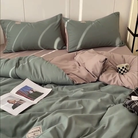 91家纺网 家纺一手货源 找家纺 蓝淋 2024新春款日式简约婴儿可以啃咬的超柔混搭水洗棉四件套 浅绿+卡其