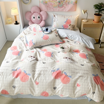 91家纺网 家纺一手货源 找家纺 昔可家纺 2024新款全棉卡通印花系列四件套 格子蜜桃