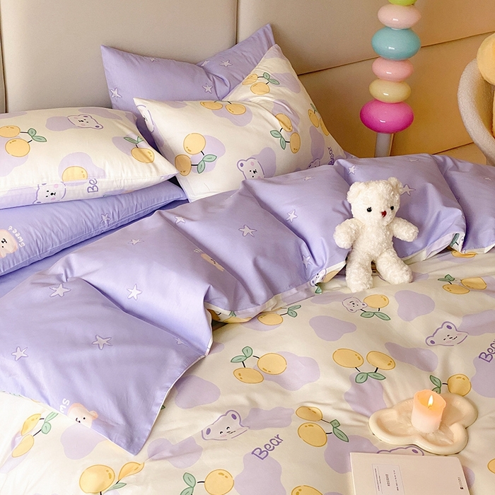 91家纺网 家纺一手货源 找家纺 宜家坊 2024新款全棉喷气13070小清新印花四件套-拍摄一 熊噜噜爱果子