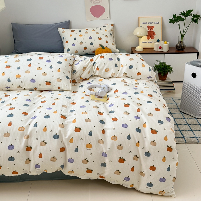 91家纺网 家纺一手货源 找家纺 优彩 2025新款全棉双层纱四件套 南瓜派