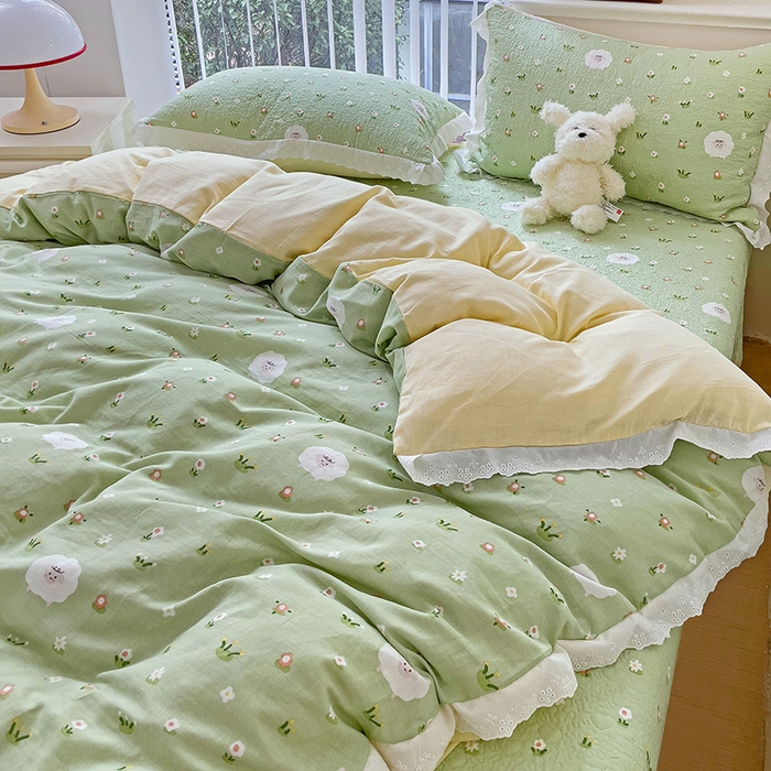 91家纺网 家纺一手货源 找家纺 羽爱家纺 2024新款A类双层纱棉花芯床盖套件 小绵羊