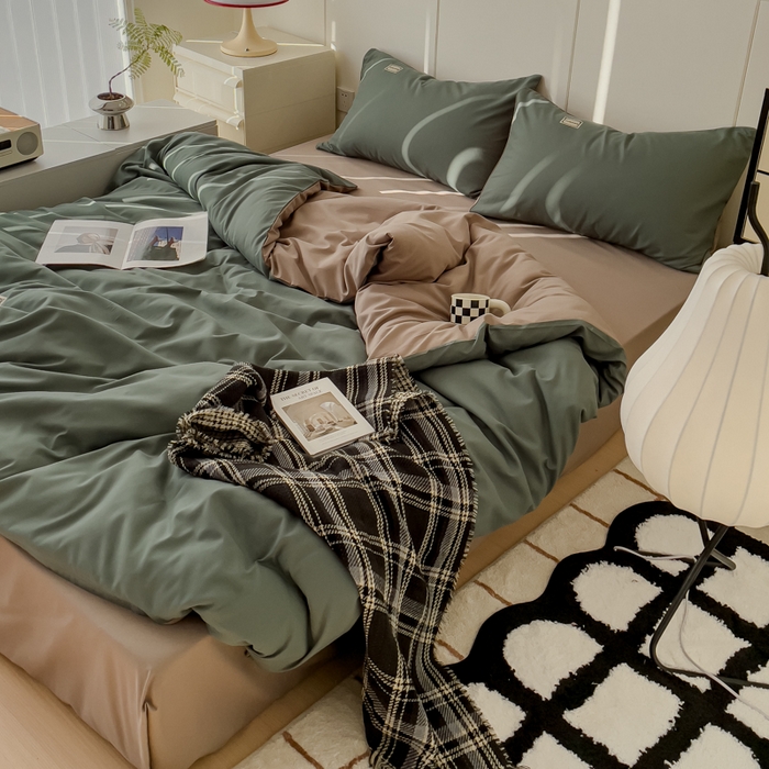 91家纺网 家纺一手货源 找家纺 蓝淋 2024新春款日式简约婴儿可以啃咬的超柔混搭水洗棉四件套 浅绿+卡其