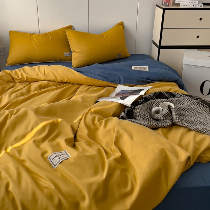 91家纺网 家纺一手货源 找家纺 蓝淋 2024新春款日式简约婴儿可以啃咬的超柔混搭水洗棉四件套 姜黄+蓝灰