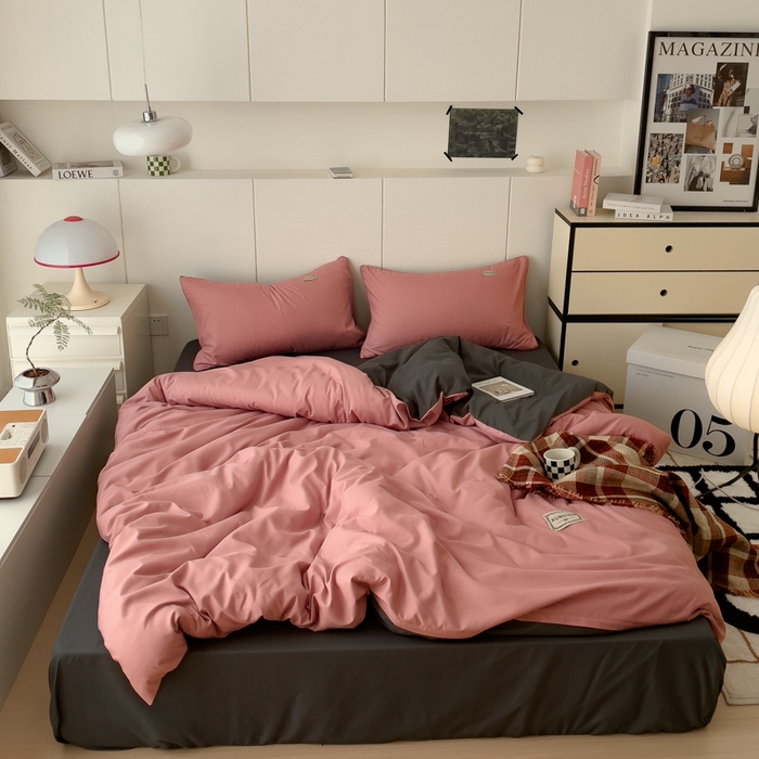 91家纺网 家纺一手货源 找家纺 蓝淋 2024新春款日式简约婴儿可以啃咬的超柔混搭水洗棉四件套 豆沙+深灰