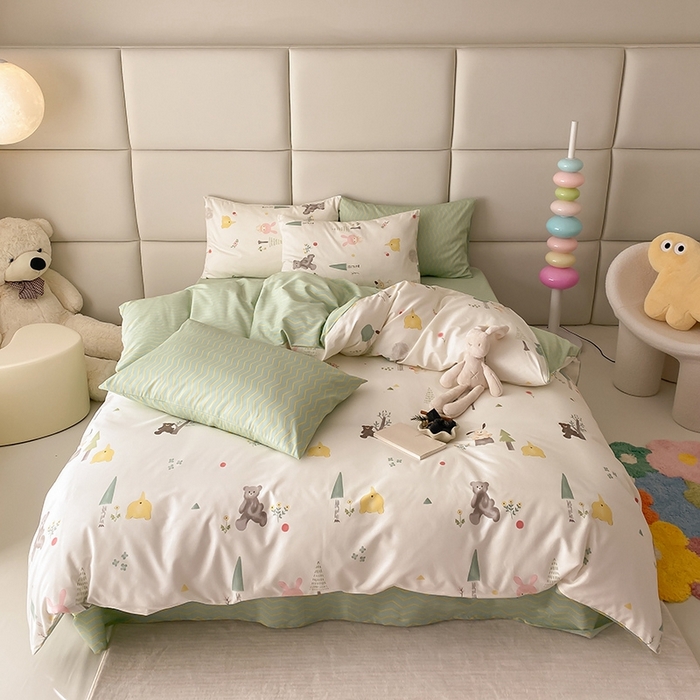 91家纺网 家纺一手货源 找家纺 宜家坊 2024新款全棉喷气13070小清新印花四件套-拍摄一 秘森茶话会