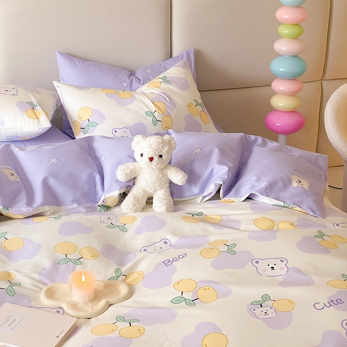 91家纺网 家纺一手货源 找家纺 宜家坊 2024新款全棉喷气13070小清新印花四件套-拍摄一 熊噜噜爱果子