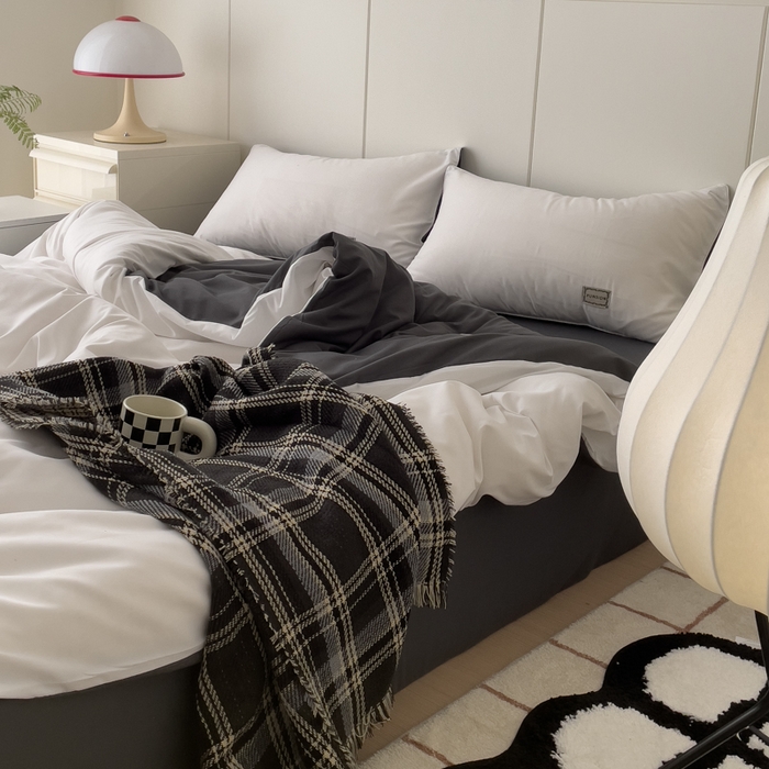 91家纺网 家纺一手货源 找家纺 蓝淋 2024新春款日式简约婴儿可以啃咬的超柔混搭水洗棉四件套 米白+深灰