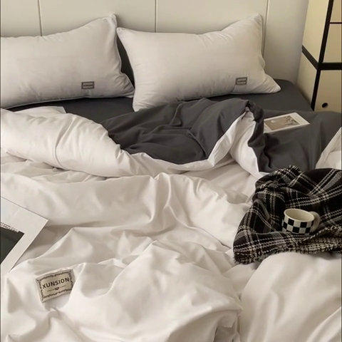 91家纺网 家纺一手货源 找家纺 蓝淋 2024新春款日式简约婴儿可以啃咬的超柔混搭水洗棉四件套 米白+深灰