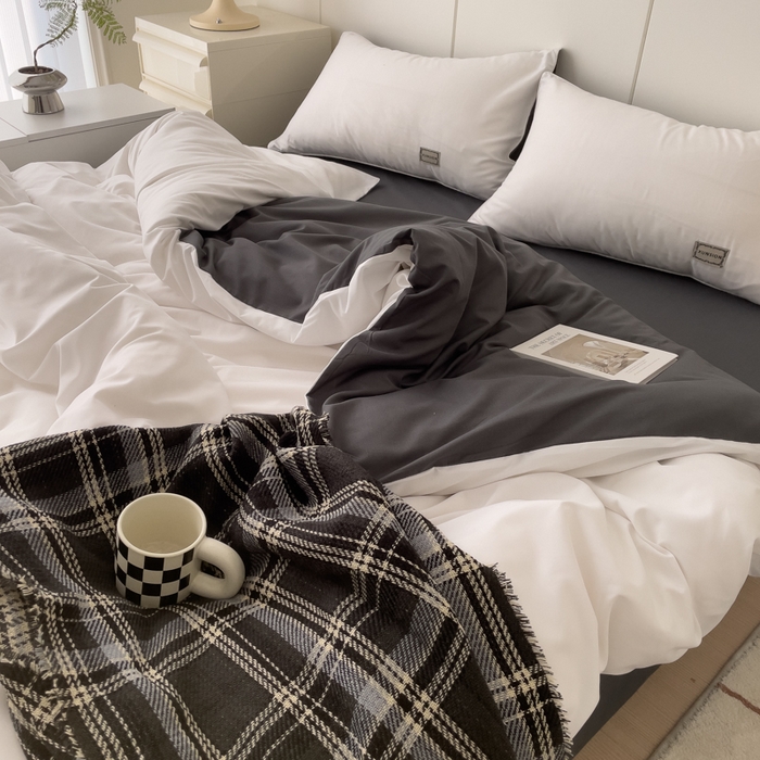 91家纺网 家纺一手货源 找家纺 蓝淋 2024新春款日式简约婴儿可以啃咬的超柔混搭水洗棉四件套 米白+深灰