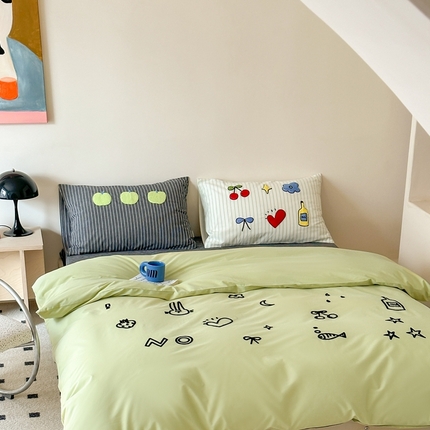 91家纺网 家纺一手货源 找家纺 （总）桔子家纺 2024新款纯棉水洗棉卡通四件套-青苹果