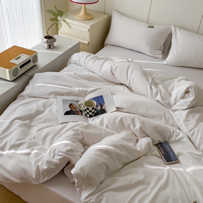 91家纺网 家纺一手货源 找家纺 蓝淋 2024新春款日式简约婴儿可以啃咬的超柔混搭水洗棉四件套 米白