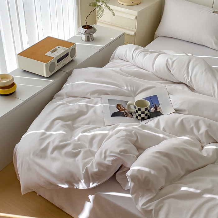 91家纺网 家纺一手货源 找家纺 蓝淋 2024新春款日式简约婴儿可以啃咬的超柔混搭水洗棉四件套 米白