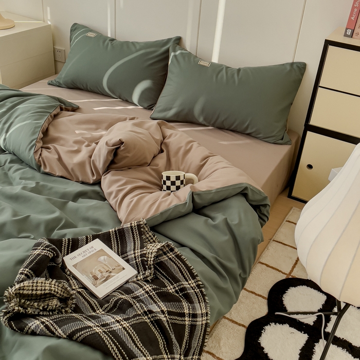 91家纺网 家纺一手货源 找家纺 蓝淋 2024新春款日式简约婴儿可以啃咬的超柔混搭水洗棉四件套 浅绿+卡其