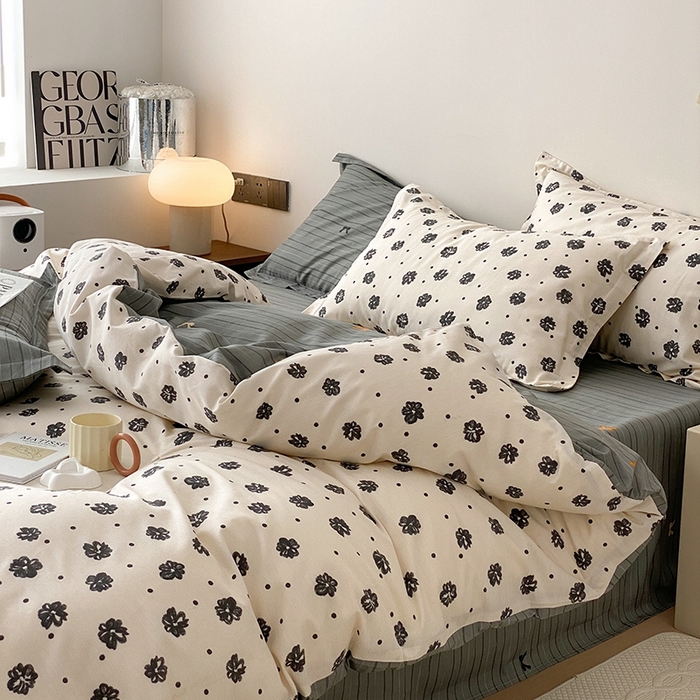 91家纺网 家纺一手货源 找家纺 宜家坊 2024新款全棉喷气13070小清新印花四件套-拍摄一 黑白恋曲