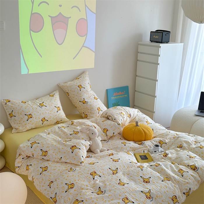 91家纺网 家纺一手货源 找家纺 时年 2024新款全棉双层纱四件套-宝可梦系列 皮卡丘精灵