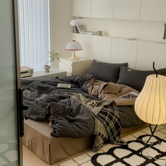 91家纺网 家纺一手货源 找家纺 蓝淋 2024新春款日式简约婴儿可以啃咬的超柔混搭水洗棉四件套 深灰+驼灰