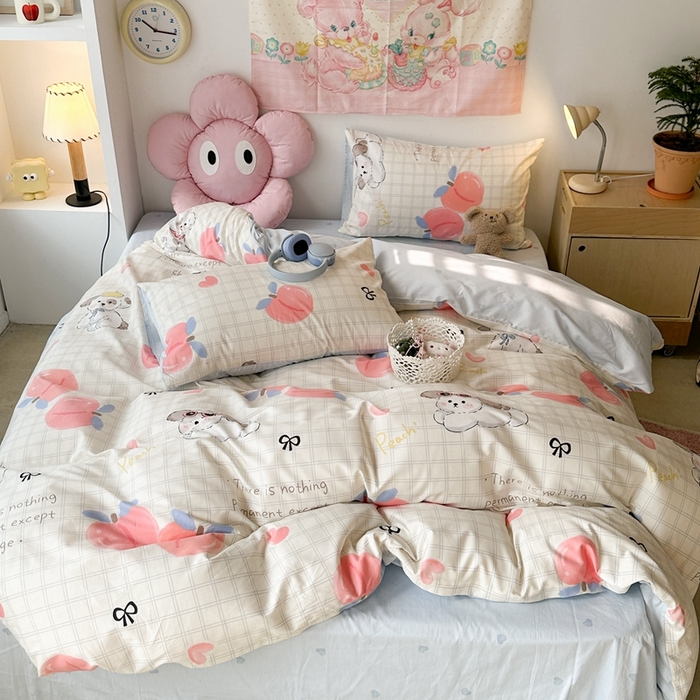 91家纺网 家纺一手货源 找家纺 昔可家纺 2024新款全棉卡通印花系列四件套 格子蜜桃