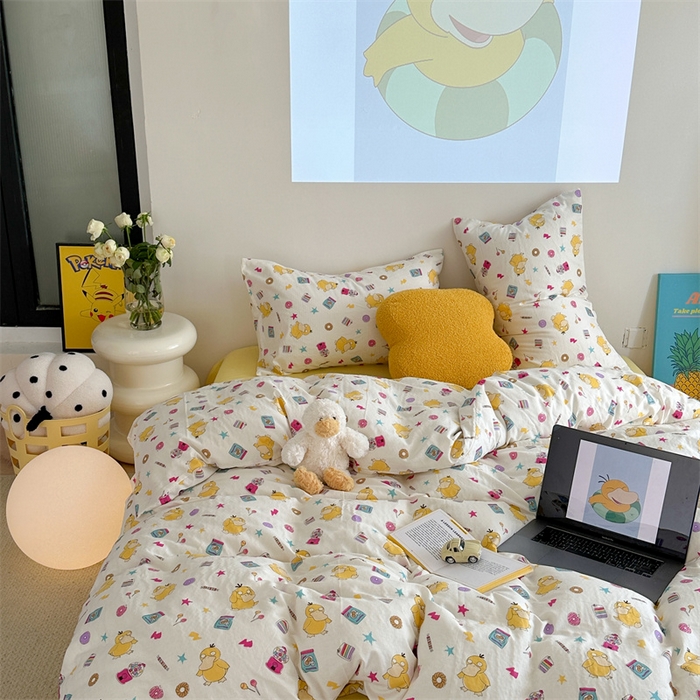91家纺网 家纺一手货源 找家纺 时年 2024新款全棉双层纱四件套-宝可梦系列 可达鸭呀