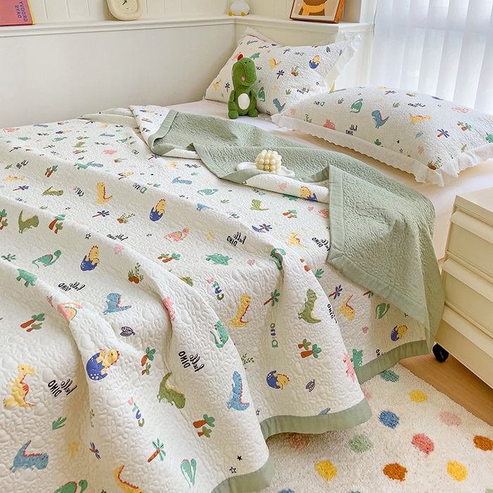 91家纺网 家纺一手货源 找家纺 羽爱家纺 2024新款双层纱棉花芯床盖套件 恐龙园