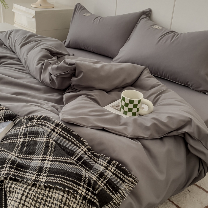 91家纺网 家纺一手货源 找家纺 蓝淋 2024新春款日式简约婴儿可以啃咬的超柔混搭水洗棉四件套 浅灰