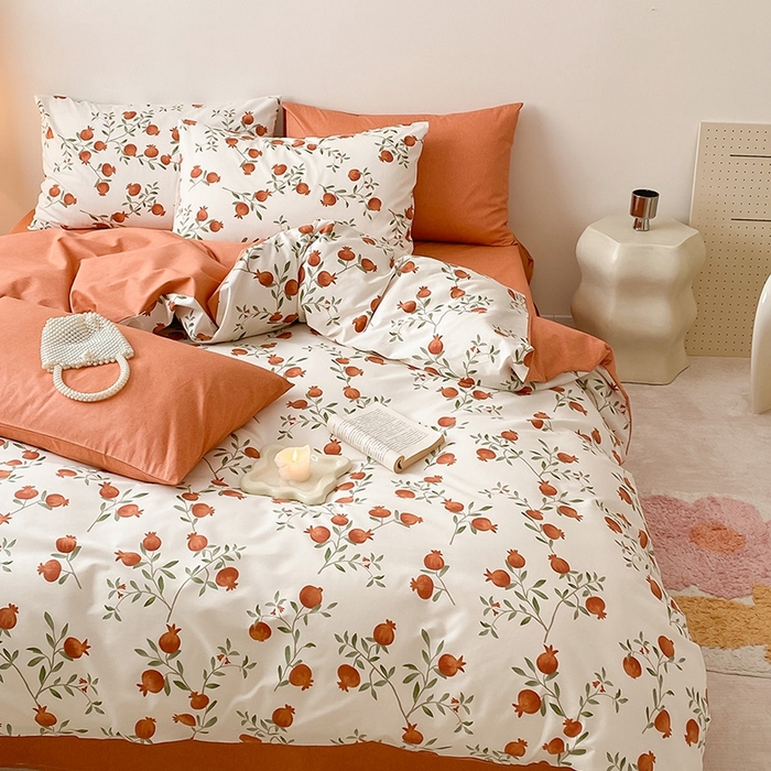 91家纺网 家纺一手货源 找家纺 宜家坊 2024新款全棉喷气13070小清新印花四件套-拍摄一 红了石榴