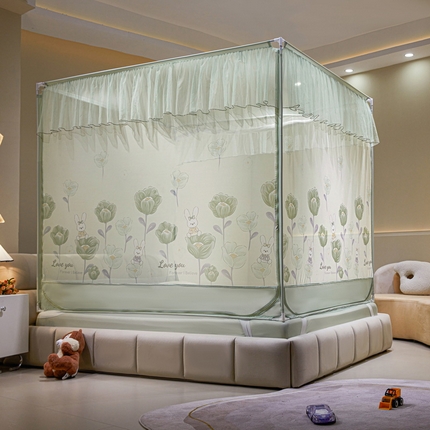 91家纺网 家纺一手货源 找家纺 夏彩 2024新款88582新款数码加密加柔加固式绑带加床笠式可拖卸防尘顶坐床蚊帐 88582-萌小免-绿