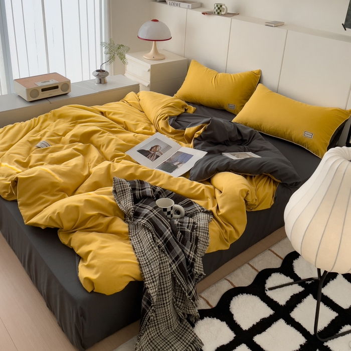 91家纺网 家纺一手货源 找家纺 蓝淋 2024新春款日式简约婴儿可以啃咬的超柔混搭水洗棉四件套 姜黄+深灰